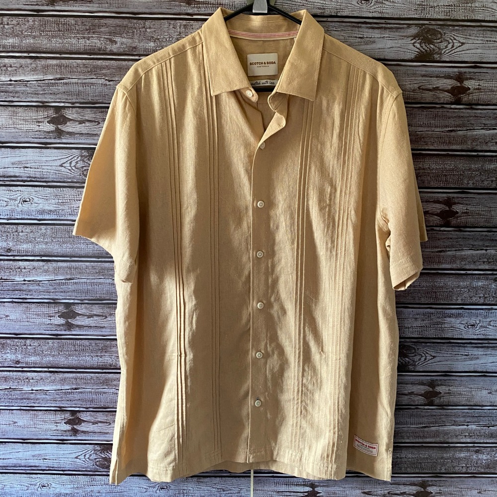 Scotch & Soda Men's Short-Sleeved Button-Down Shirt Size L Tan‎ Logo Linen Blend